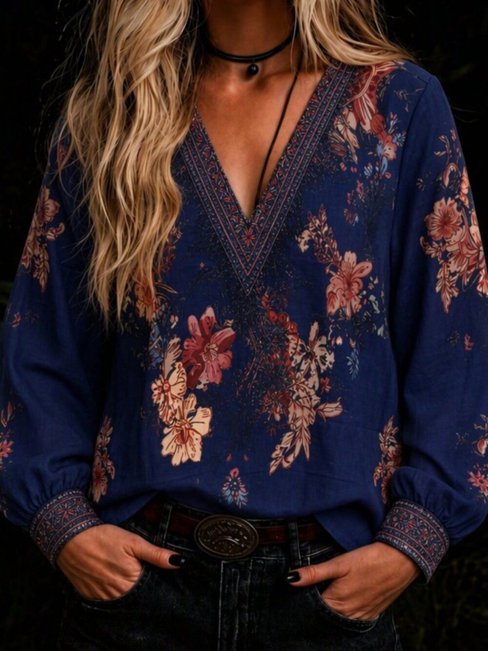 Navy Blue Boho Women's V-Neck Long Sleeve Blouse